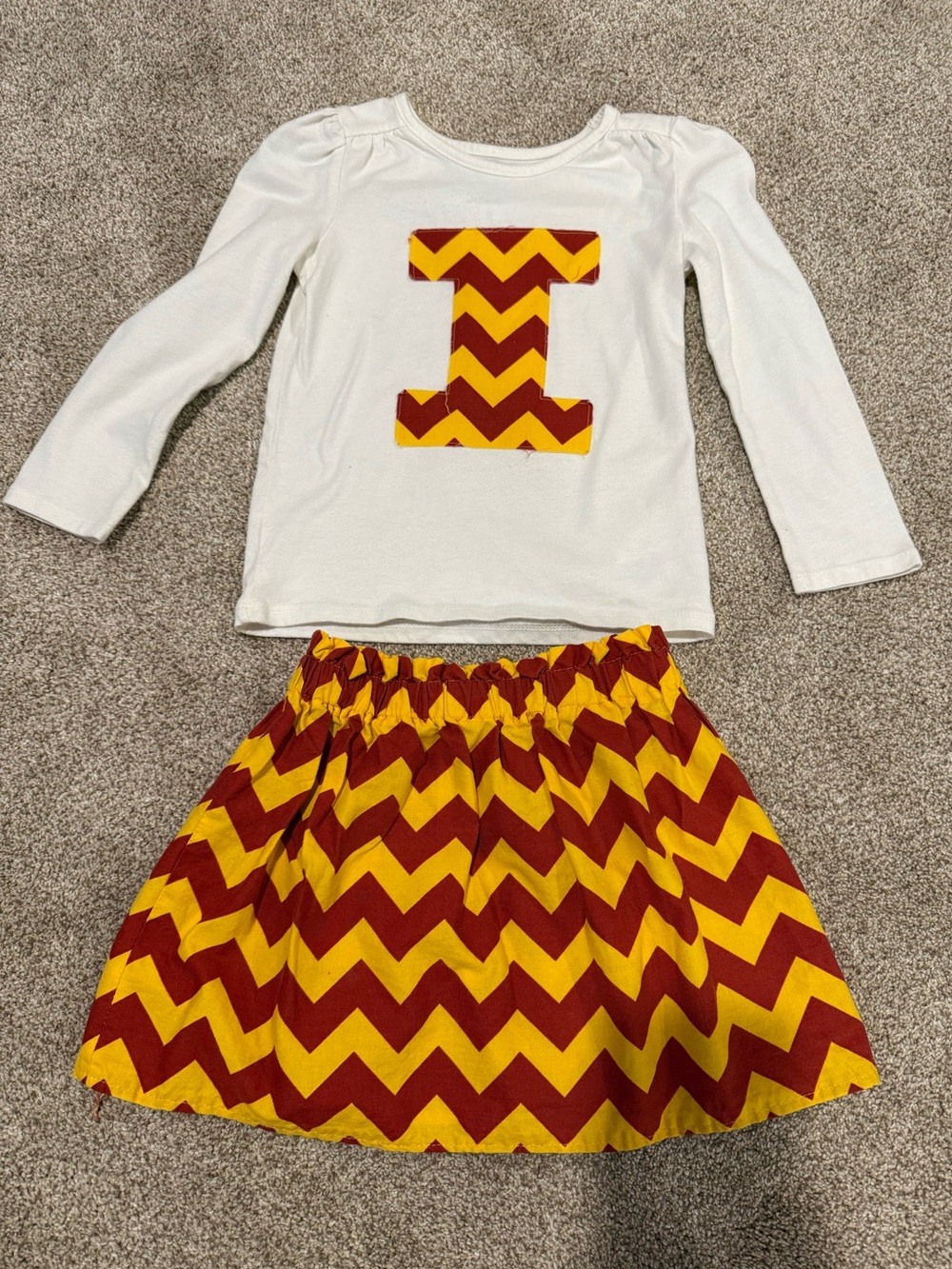 Girls White Top & Chevron Skirt Set - Gold & Cardinal